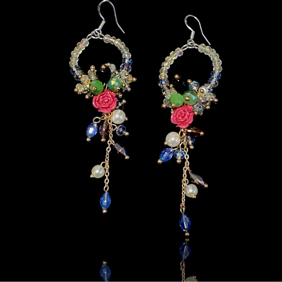 Jewelry - Handmade Bohemian Floral Wedding Earrings - Beaded Chandelier Dangles